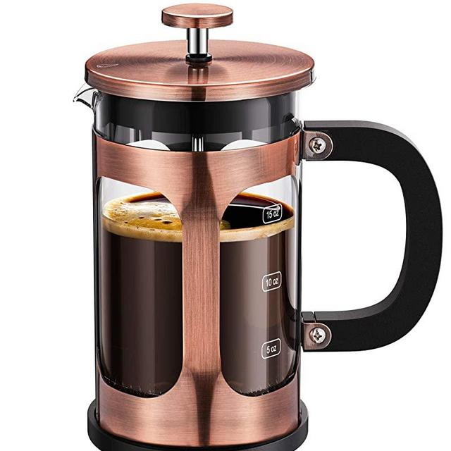 BAYKA French Press Coffee Tea Maker, 304 Stainless Steel Coffee Press, Heat Resistant Thickened Borosilicate Glass, 21 Ounce, Copper