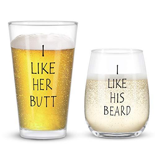 I Like His Beard, I Like Her Butt Stemless Wine Glass and Beer Glass Funny Gift Set, Unique Wedding Engagement Anniversary Gift for Couples Lovers Man Woman Husband and Wife