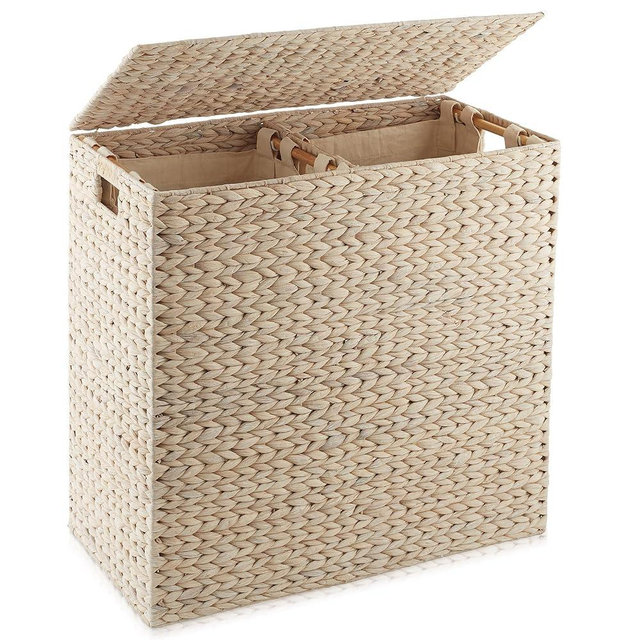 Casafield 2-Section Laundry Hamper with Removable Liner Bags - Whitewash, Woven Water Hyacinth Double Laundry Basket Sorter for Clothes and Towels