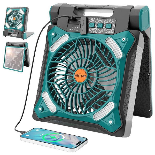 WESTTREE Solar Fan Battery Powered Rechargeable Solar Camping Fan with Led Lantern & Power Bank Foldable Angle USB Personal Fans for Travel Outdoor Camping Tents X98 Cyan