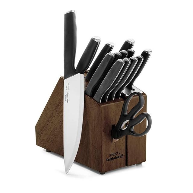 Select by Calphalon™ Self-Sharpening Knife Set with Block, Cutlery Set, 15-Piece, with SharpIN™ Self-Sharpening Knife Block, Dark Wood
