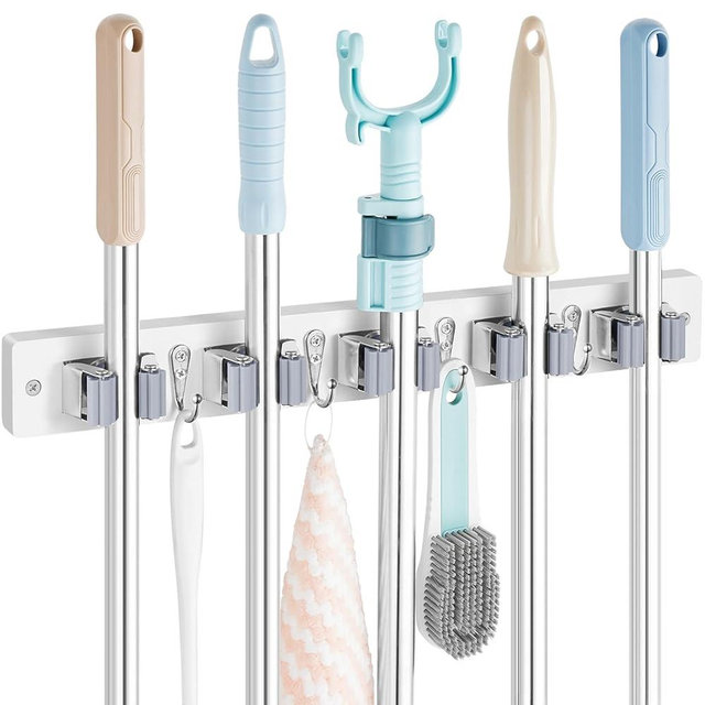 OUTNILI Mop and Broom Holder Wall Mount - White Broom Mop Hanger - Wall Mounted Garden Tool Rack Organizer for Closet Garage Laundry Room Kitchen Decor With 5 Slots & 4 Hooks