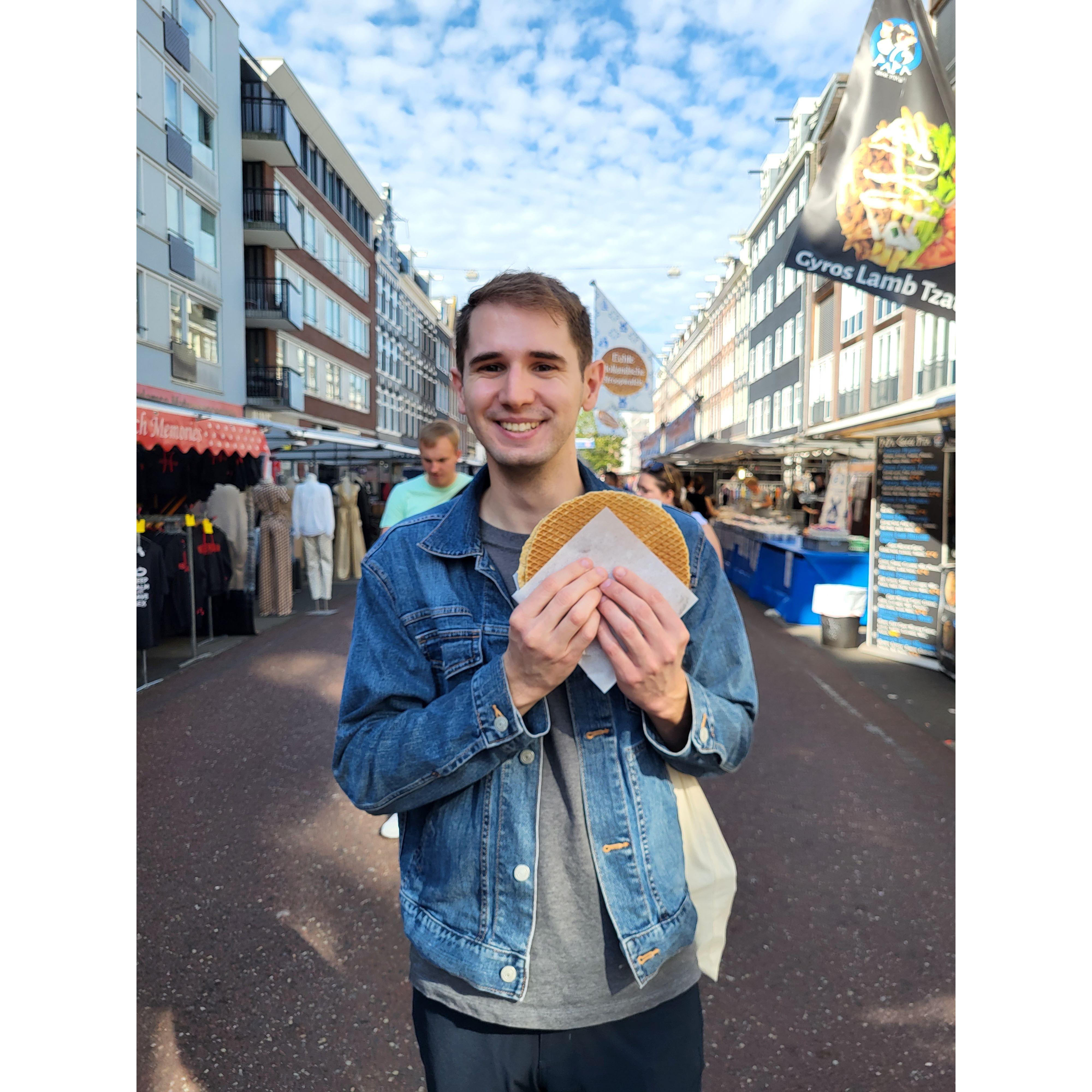 Emily introduced Ryan to fresh, giant, stroopwafels in Amsterdam!