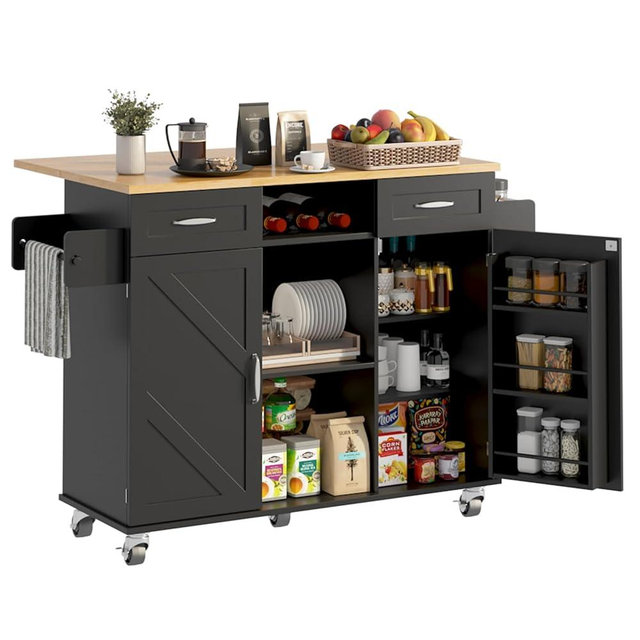 knoworld Rolling Kitchen Island with Storage Cabinet & Drawers, Drop Leaf Kitchen Cart on Wheels, Farmhouse Portable Mobile Islands, Large Butcher Block Table with Tower/Spice Rack, Black