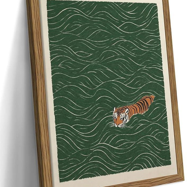 Japanese Tiger Swimming Framed Canvas Wall Art – Vintage Ukiyo-e Style Animal Painting Print, Retro Asian Nature Decor for Living Room Bedroom Nursery Office 16x24 inch