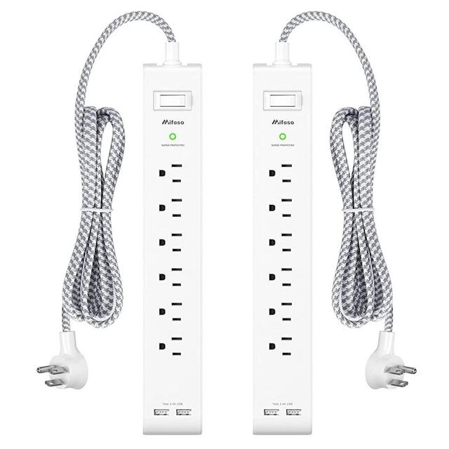 2 Pack Power Strip Surge Protector - 6 Outlets 2 USB Ports 5Ft Long Extension Cords, Flat Plug Overload Protection Outlet Strip, 900 Joules, Wall Mount for Home, Office and Dorm Essential, ETL Listed