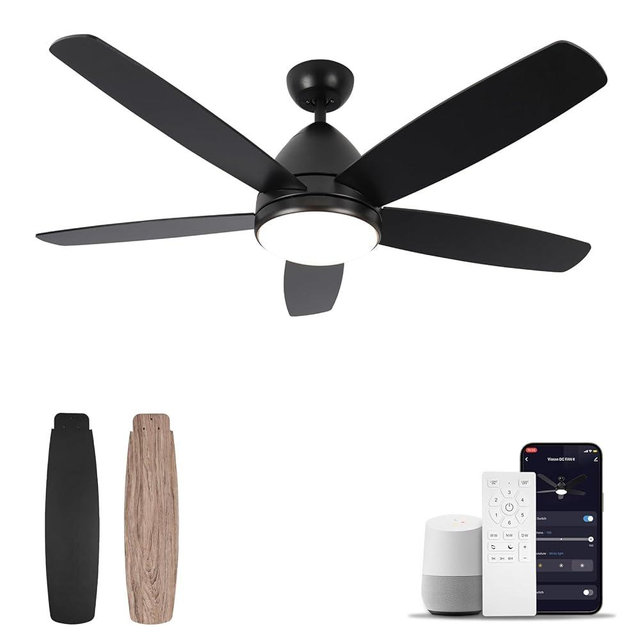 Viossn Smart Ceiling Fan with Light, 52 Inch Modern Black Outdoor Ceiling Fan and Remote/App, Dimmable Tri-Color LED and Reversible Motor for Indoor Bedroom/Outdoor Covered Patio