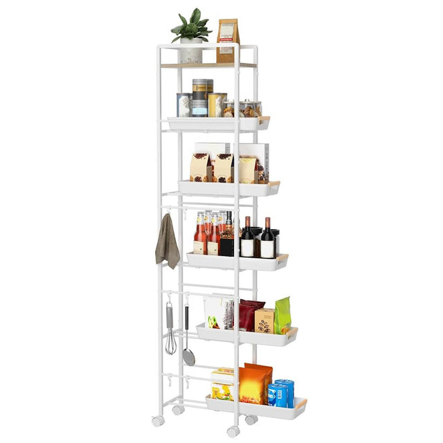 MAYBOSS 6 Tier Slim Storage Cart with Pull-Out Baskets Rolling Cart with Wheels Wood Top Narrow Utility Cart Metal Shelving Units for Pantry Laundry Room Bathroom Kitchen White 8in(W)