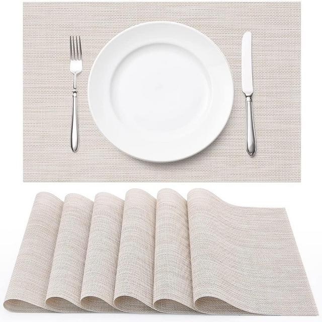Vinyl Woven Placemats for Dining Table Set of 6, White Beige Washable Heat Resistant Place Mats for Kitchen Dinner, Indoor Outdoor Placemats for Patio Table, Minimalist Rectangle Table Mats by WEHVKEI