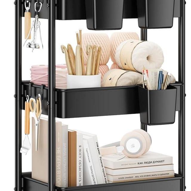 YASONIC 3 Tier Rolling Cart - Metal Utility Cart with Wheels, Hanging Cups, Hooks, Heavy Duty Mesh Rolling Storage Cart Organizer, Craft Cart for Kitchen Office, Lightweight and Sturdy