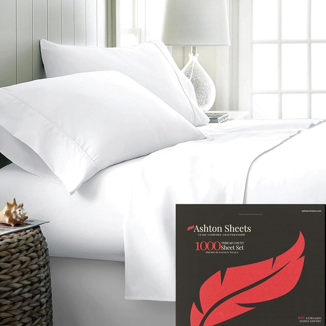 Ashton Sheets 100% Egyptian Cotton Queen Sheet Set - 1000 Thread Count 4 PC Egyptian Cotton Sheets Queen Size, Luxury Sheets, Soft, Cooling, High Thread Count Sateen Sheets, 16" Deep Pocket - White