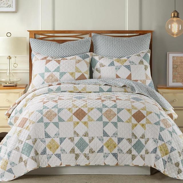 Levtex Home - Lottie Quilt Set - King Quilt and Two King Shams - Patchwork - Sienna Teal Green Ochre Taupe and Cream - Quilt (106x92in.) and Shams (20x36in.) - Reversible - Cotton
