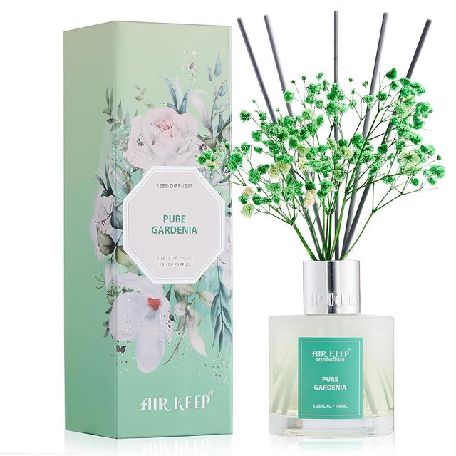 Airkeep Reed Diffuser Set,3.38 fl oz (100 ml) - Pure Gardenia Oil Diffusers with 8 Reed Sticks, Home Fragrance Reed Diffuser for Bathroom Shelf Decor
