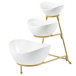 LYEOBOH 3 Tier Serving Bowls Set Tiered Serving Stand, Porcelain Oval Bowls with Collapsible Metal Stand for Entertaining, Party, Dessert Display, Candy, Chip and Dip (Gold)