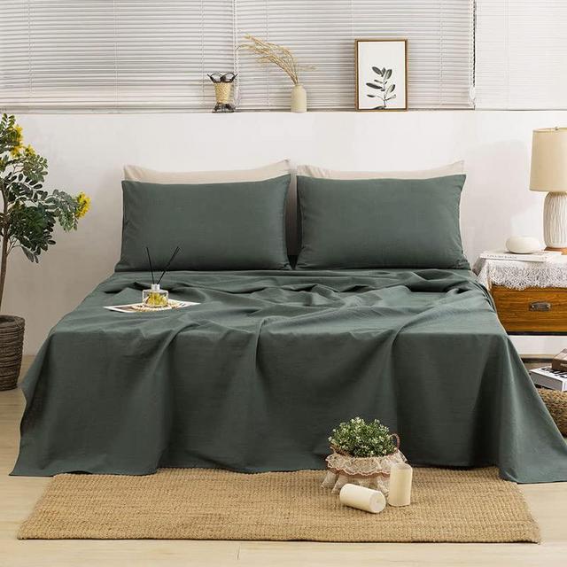 TUMEI 100% Linen Sheets Queen - 4Pcs Green Linen Sheets Set Queen Size Bed Set with Soft Breathable and Durable Deep Pocket Fitted Sheet & Flat Sheet & 2 Pillowcases,Green Queen