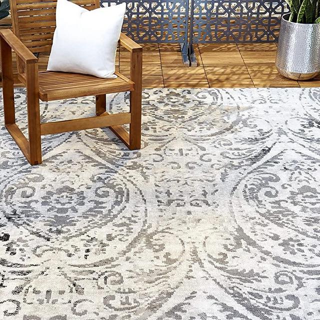 Home Dynamix Nicole Miller Patio Sofia Juniper Indoor/Outdoor Area Rug 5'3"x7'2", Distressed Damask Ivory/Gray