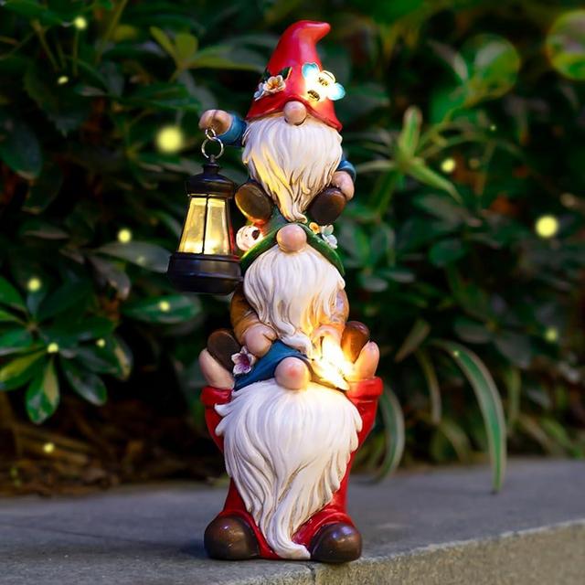 twinbling Garden Gnome Statue with Solar Lights Large Garden Sculptures Funny Triple Gnome Outdoor Patio Lawn Yard Balcony Garden Home Decor Gifts for Women Mom 12 in Mothers Day Gnome