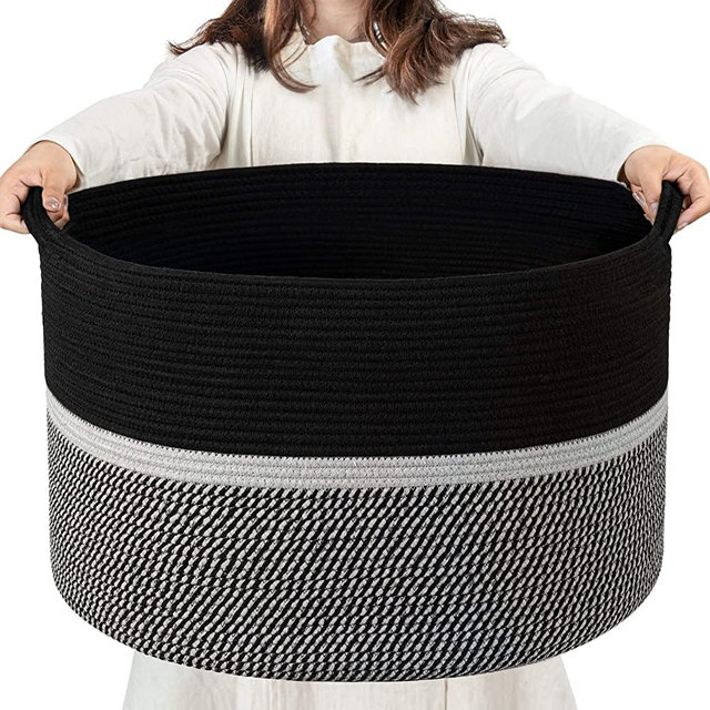 CHICVITA Extra Large Laundry Basket, Woven Rope Blanket Basket For Towels, Clothes, Toy Storage Basket, Pillow Basket For Living Room, Family Room, 22 x 22 x 14 inches, Black