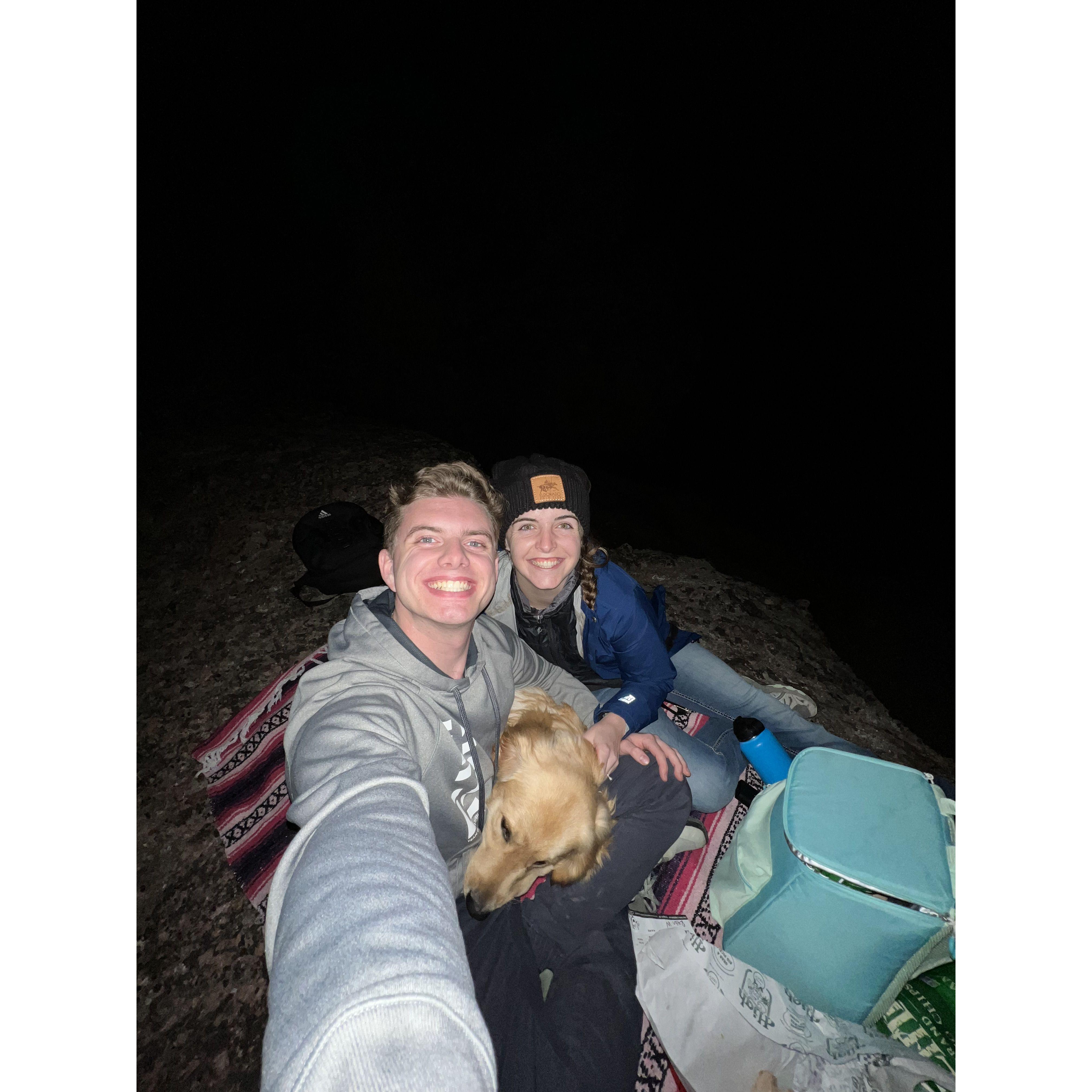 February 28, 2024 four month count down until "I do." Sunset (after dark) picnic in Pinnacles National Park.