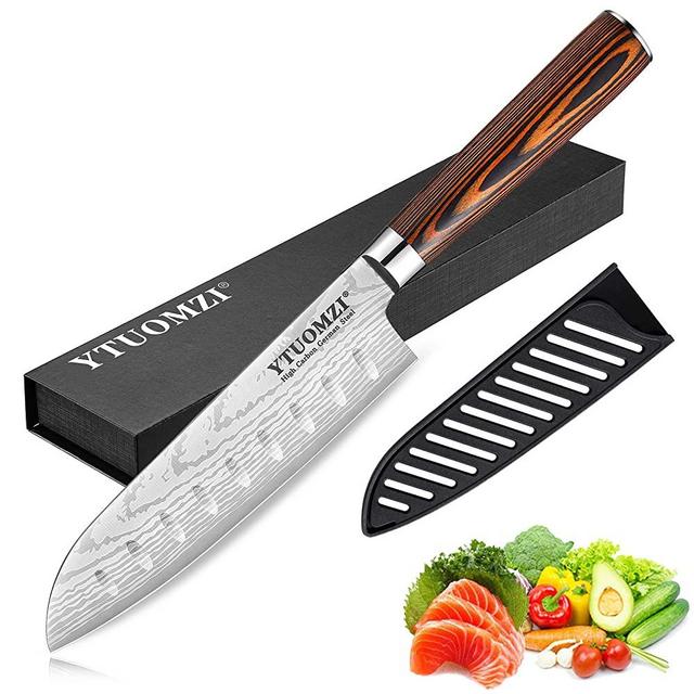 Santoku Knife with Sheath, 7 Inch Japanese Classic Kitchen Knife German High Carbon Stainless Steel Chef's Knife for Home and Restaurant (7-inch Santoku Knife)