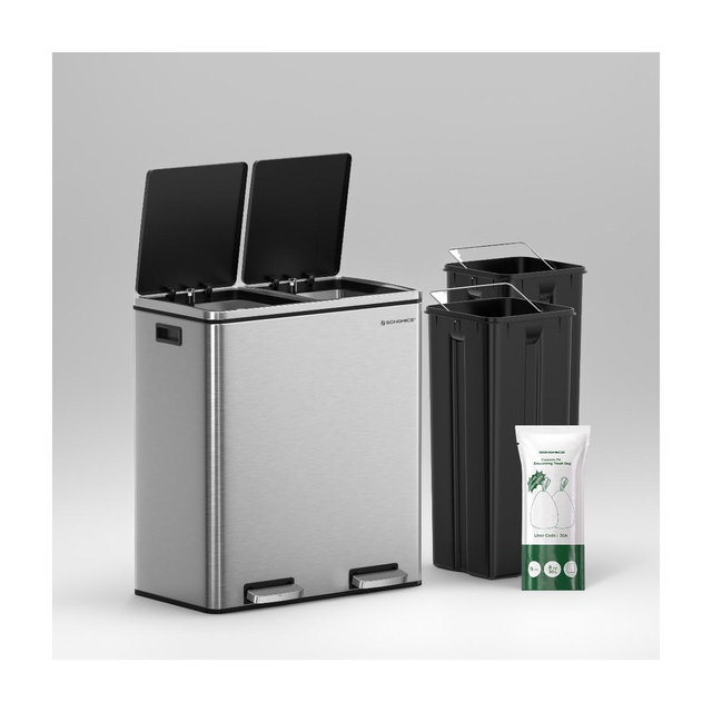 Dual 8 Gallon Trash Can for Kitchen with 15 Bags, 2 Compartments, Plastic Inner Buckets, Hinged Lids, Airtight
