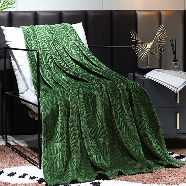 SOCHOW Super Soft Flannel Fleece Throw Blanket, Lightweight Cozy Warm Leaves Textured Plush Blanket for Bed Couch Sofa, 50 × 60 Inches, Olive Green