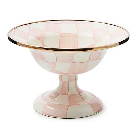 MACKENZIE-CHILDS Enamel Compote, Cute Enamel Pedestal Serving Dish or Decorative Bowl, Small, Pink-and-White Rosy Check