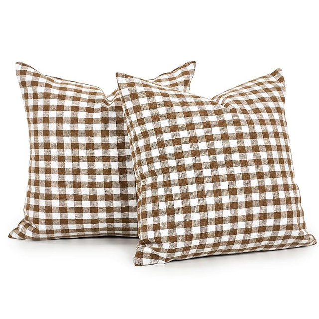 CARRIE HOME Farmhouse Brown Gingham Euro Pillow Covers 26x26 Set of 2, Brown and White Plaid 26 x 26 Throw Pillow Shams for Couch, Khaki Checkered Accent Euro Throw Pillows (No Pillow Inserts)