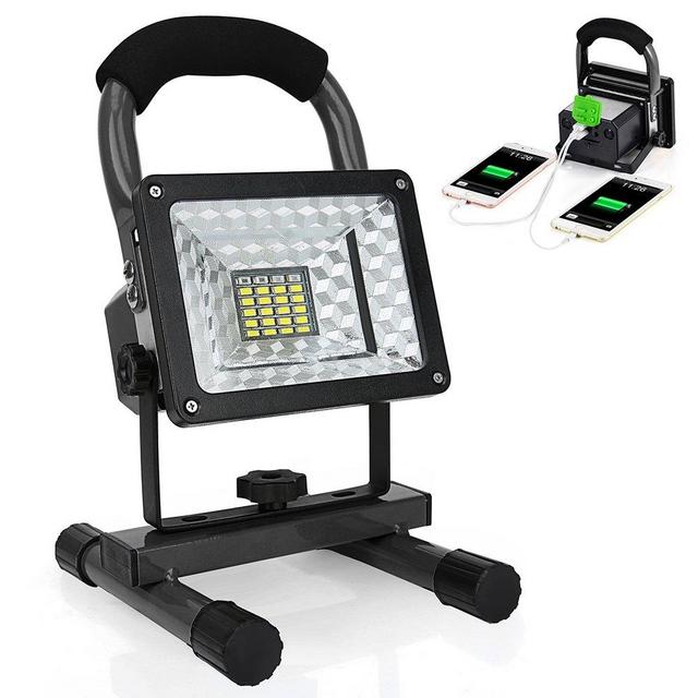 [15W 24LED] Spotlights Work Lights Outdoor Camping Lights, Built-in Rechargeable Lithium Batteries (with USB Ports to Charge Mobile Devices) (Black)