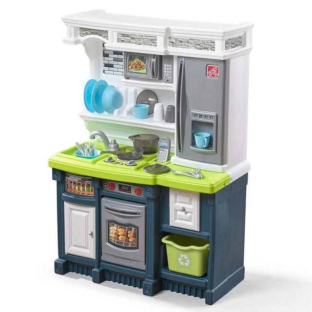 Step2 Lifestyle Custom Kids Kitchen Playset, Indoor/Outdoor Kitchenette, Interactive Play with Lights and Sounds, Made of Durable Plastic, 20 Piece Toy Accessories, Toddlers 2+ Years Old, Blue