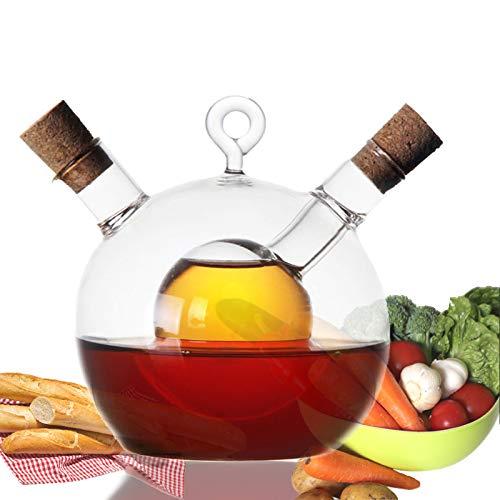 Kitchen Glass Olive Oil and Vinegar Dispenser Cruet Bottles,2-in-1 Cruets Oil Vinegar Dispenser Bottle ​with Cork Stoppers,Double Pourer Spout Stoppers Oil and Vinegar Dispenser Set Kitchen Supplies for Cooking(Round Shape)
