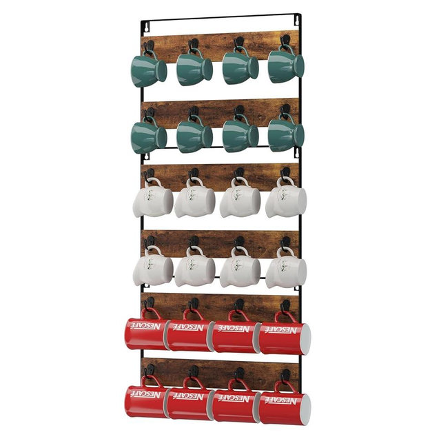 IBUYKE Mug Racks for Wall,Set of 3, 24-Hook Large Coffee Mug Holder Wall Mounted, Rustic Wood Coffee Mug Rack Display Organizer for Kitchen, Home,Bar, Coffee Station,Rustic Brown UTBJ005H-3