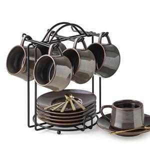Brown Expresso Shots Cup, YHOSSEUN Espresso Cups 4 Oz, Porcelain Coffee Cups Set of 6 Espresso Cup with Saucers, Metal Stand, and Stir Spoons