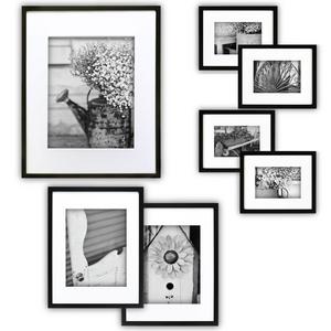 NBG Home - Gallery Perfect 7 Piece Black Photo Frame Wall Gallery Kit with Decorative Art Prints & Hanging Template