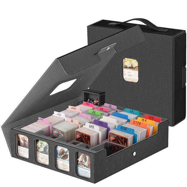 3200+ Trading Card Storage Box with Commander Display, 4-Row Card Deck Box with Portable Handle, Compatible for YuGiOh/MTG/TCG Cards, 30 Colorful Divider, 8 Supporters, 1 Dice Tray (Black & Grey)