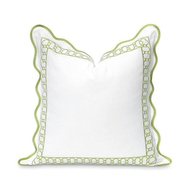 Hofdeco Premium Coastal Patio Indoor Outdoor Scalloped Throw Pillow Cover Only, 20"x20" Water Repellent for Backyard, Couch, Green Embroidered Begonia Pattern Chain Frame A