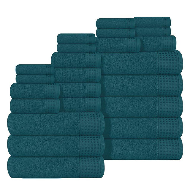 GLAMBURG Towels for Bathroom, 100% Cotton Towel Set, Contains 8 Soft Bath Towel, 8 Hand Towels, 8 Wash Cloths - Compact Absorbent Lightweight & Quickdry - 24 Piece Bathroom Towel Set - Teal