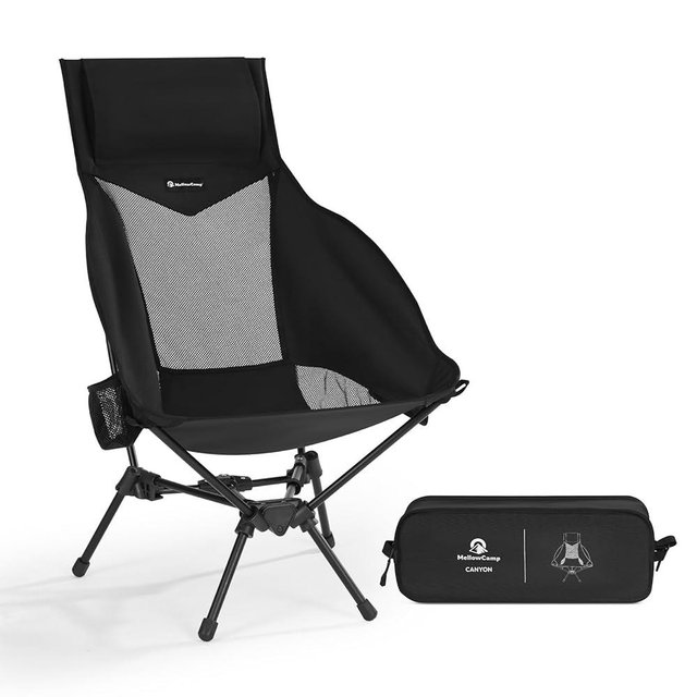 MellowCamp High Back Camping Chair, Oversized Comfort Design Collapsible Camp Chair with Pillow (Black)
