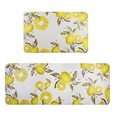 Homcomoda Kitchen Rugs 2Piece Waterproof Anti Fatigue Kitchen Floor Mat Lemon Non Slip Comfort PVC Leather Heavy Duty Standing Mats Indoor Outdoor(17.3"×27.5" and 17.3"×47.2")
