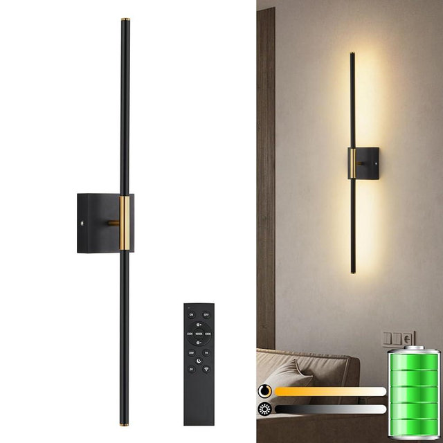 ZEBALINE Battery Operated LED Wall Sconces, 3000K-6000K Dimmable Rechargeable Wall Sconces with Remote 360°Rotate Black Gold Wireless Wall Lights for Living Room Hallway Bedroom 24 Inch 1 Pack