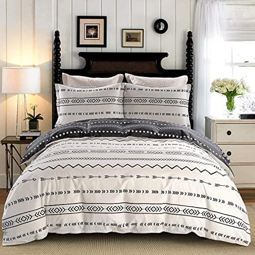 JUCFHY Duvet Cover King,600 Thread Count Cotton 3pcs King Duvet Cover Set Black Stripe Geometric Printed on White,Reversible with Zipper Closure 1 Duvet Cover and 2 Pillow Shams