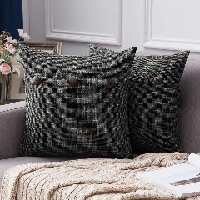 MIULEE Set of 2 Decorative Linen Throw Pillow Covers Cushion Case Triple Button Vintage Farmhouse Pillowcase for Couch Sofa Bed 18 x 18 Inch 45 x 45 cm Black