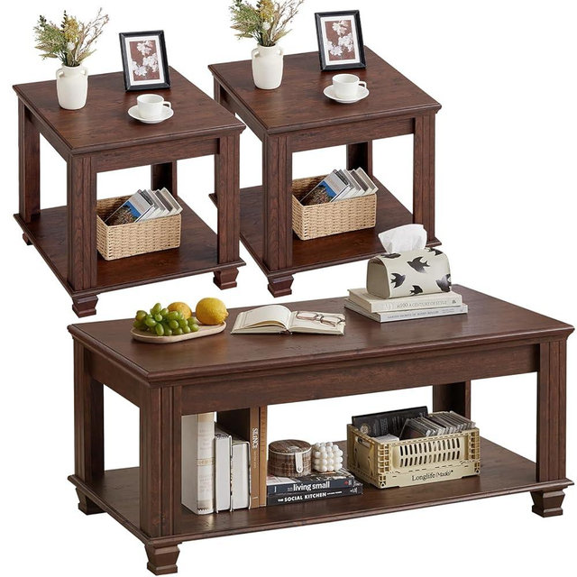 SAVOR LIFE Farmhouse Coffee Table Set of 3,Rustic Wooden Living Room Table Set,Large Coffee/End Side Tables with Open Shelf for Living Room,Walnut