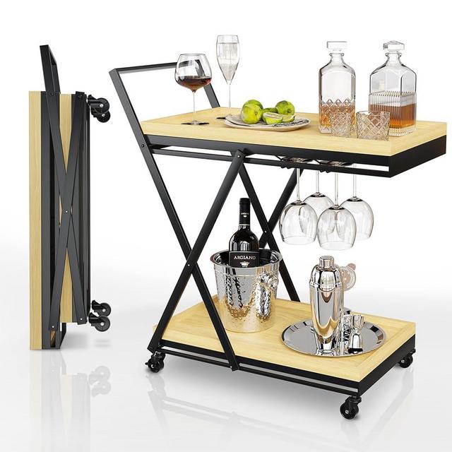Rolling Bar Cart with Wheels, Black Bar Cart w/ Wooden Serving Trays, Collapsible Beverage Bar Carts for the Home, Small Bar Cart, Modern Wood Bar Stand, Drink Cart Rack for Liquor, Wine, Beverage