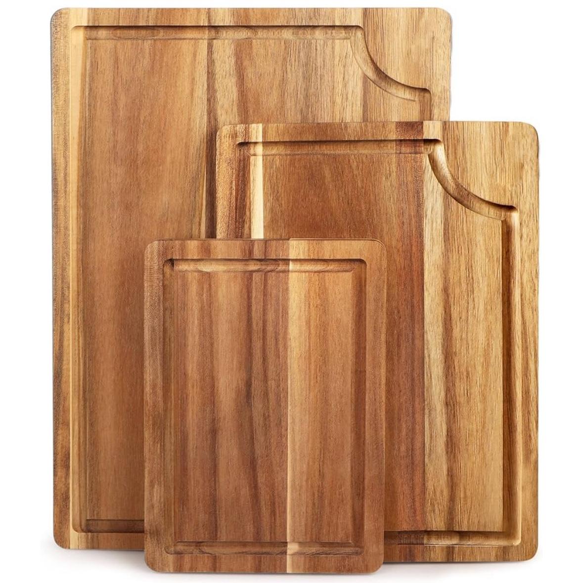 Acacia Wood Cutting Board Set with Juice Groove (3 Pieces), Organic Wooden Cutting Boards for kitchen, Butcher Block Cutting Board for Meat, Vegetable, Wooden Chopping Board 15x10, 12x8, 9x6 inch