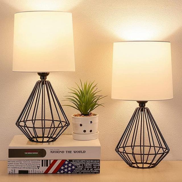 2-Pack Modern Table Lamp, Minimalist Industrial Small Desk Lamp with Geometric Metal Hollowed Base, Fabric Shade, LED Bulbs for Bedroom Living Room Nightstand Kids Room