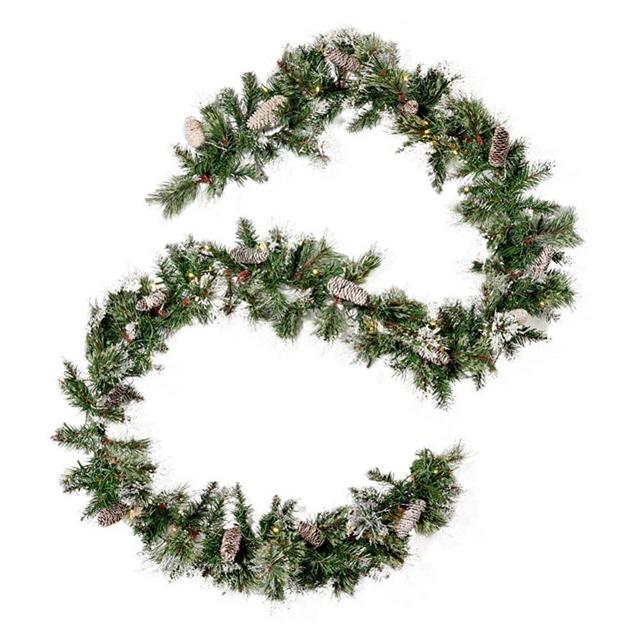 Christopher Knight Home 307393 9-Foot Mixed Spruce Pre-Lit Clear LED Artificial Christmas Garland with Snow and Glitter Branches and Frosted Pinecones, Battery-Operated, Includes Timer, Green