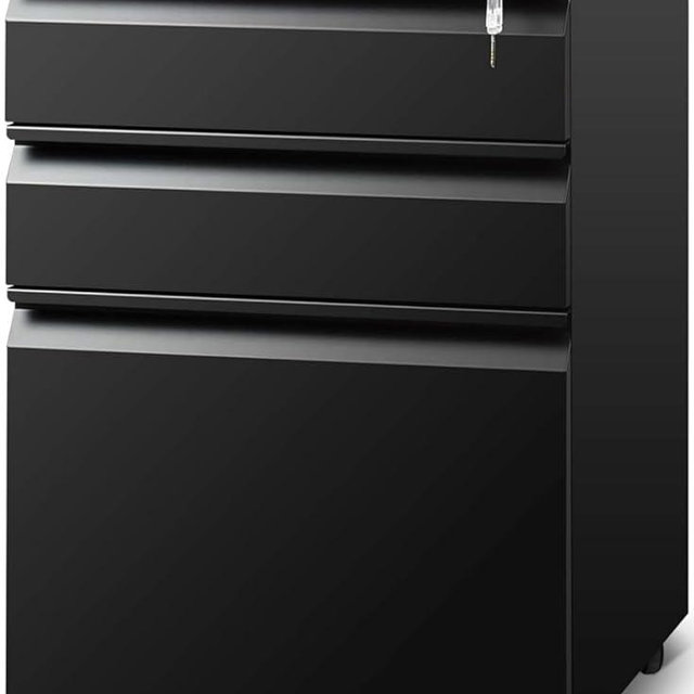 Guizeeopo Filing Cabinets for Home Office, Mobile File Cabinet with Lock, 3 Drawer Filing Cabinet for A4/Letter/Legal Size Folder, Fully Assembled Except Casters, Matte Black
