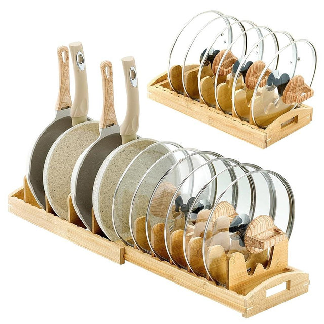 Teenyyou Pots and Pans Organizer Under Cabinet Bamboo Expandable Pot Lid Holder Adjustable Cookware Organizer for Bakeware Cutting Board Baking Sheet Pan Kitchen Storage (16.54-31.5 Inch,Wood Color)