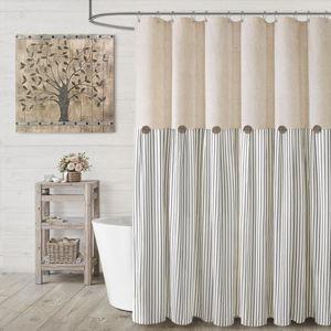 Farmhouse Shower Curtain Linen Button Woven Fabric Country Rustic Western, Pleated Grey Stripe 72" W x 72" L